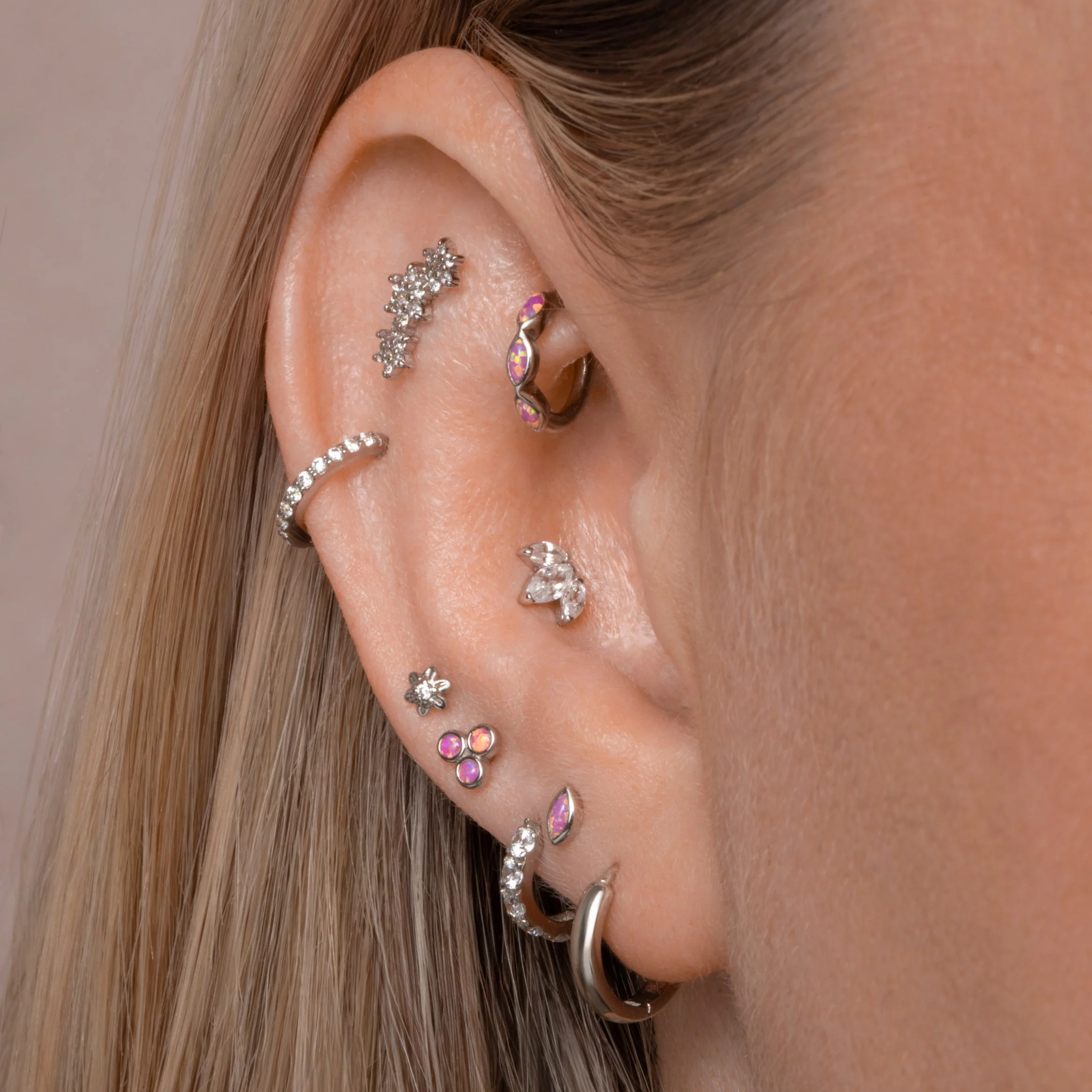 14k solid white gold Lotus flower flat back labret stud earring 8mm - Image 5