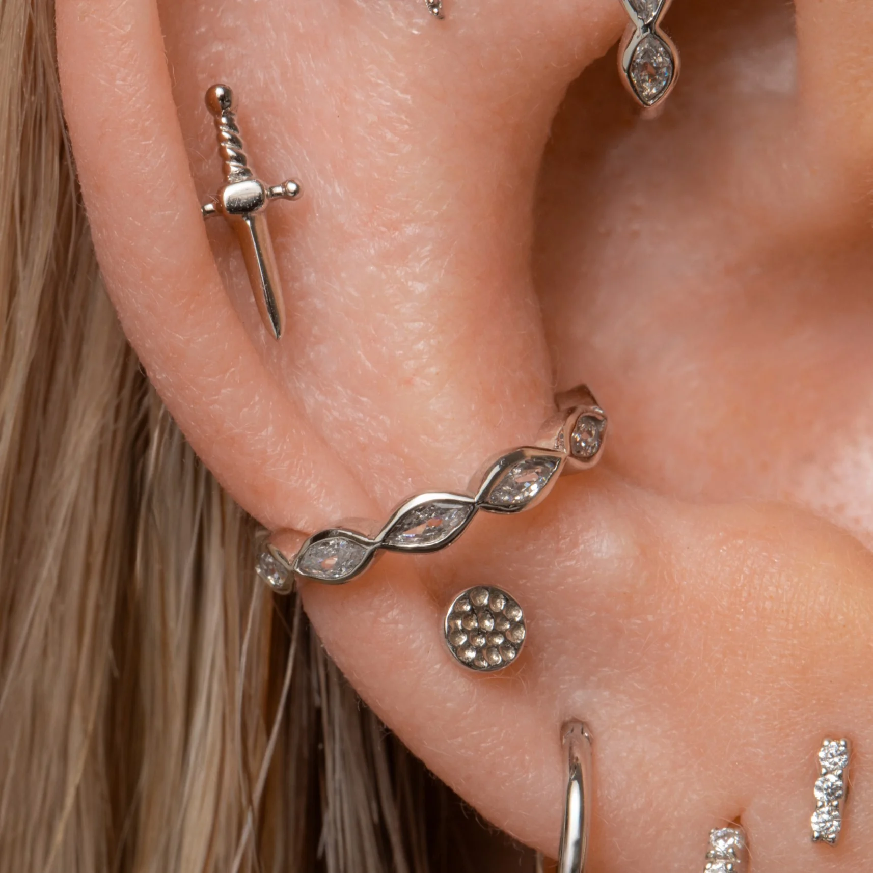 9k solid white gold 16g marquise crystal clicker hoop earring - Image 4