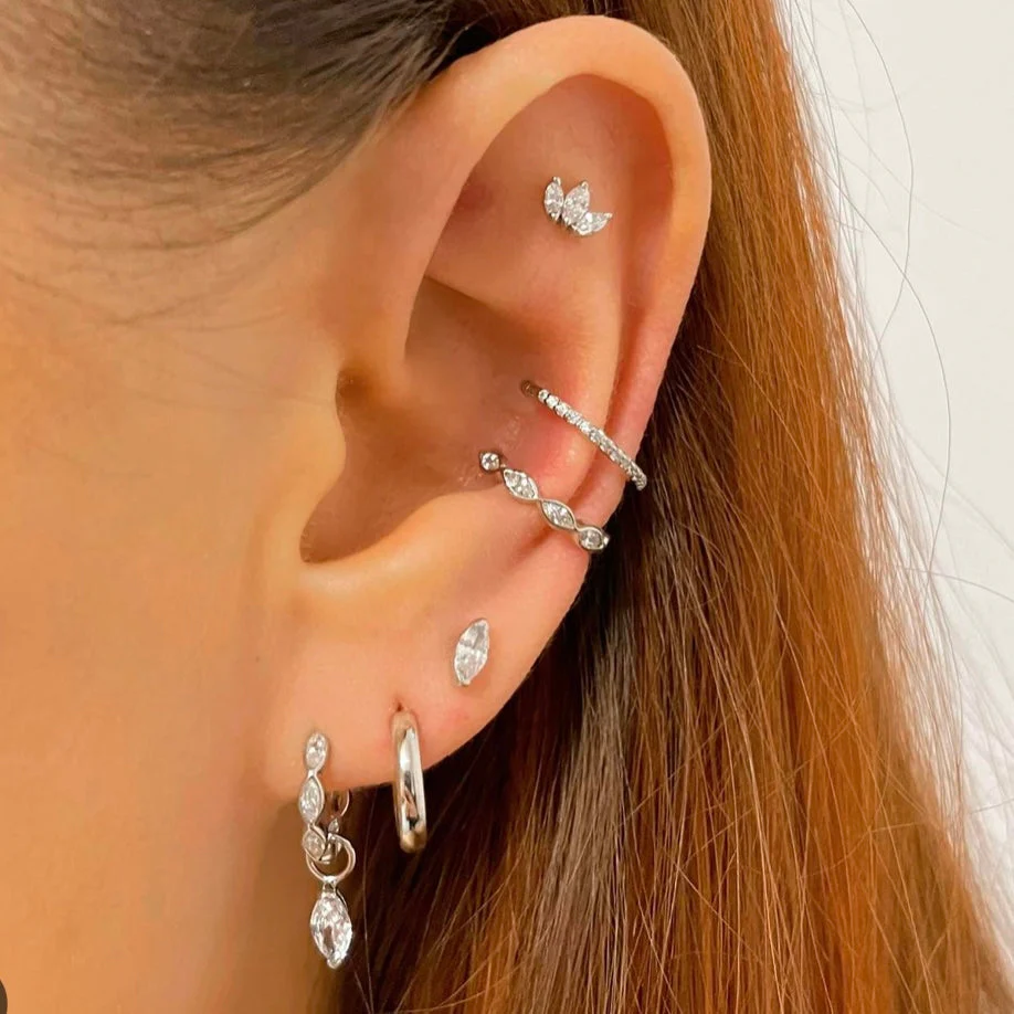 9k solid white gold 16g marquise crystal clicker hoop earring - Image 10