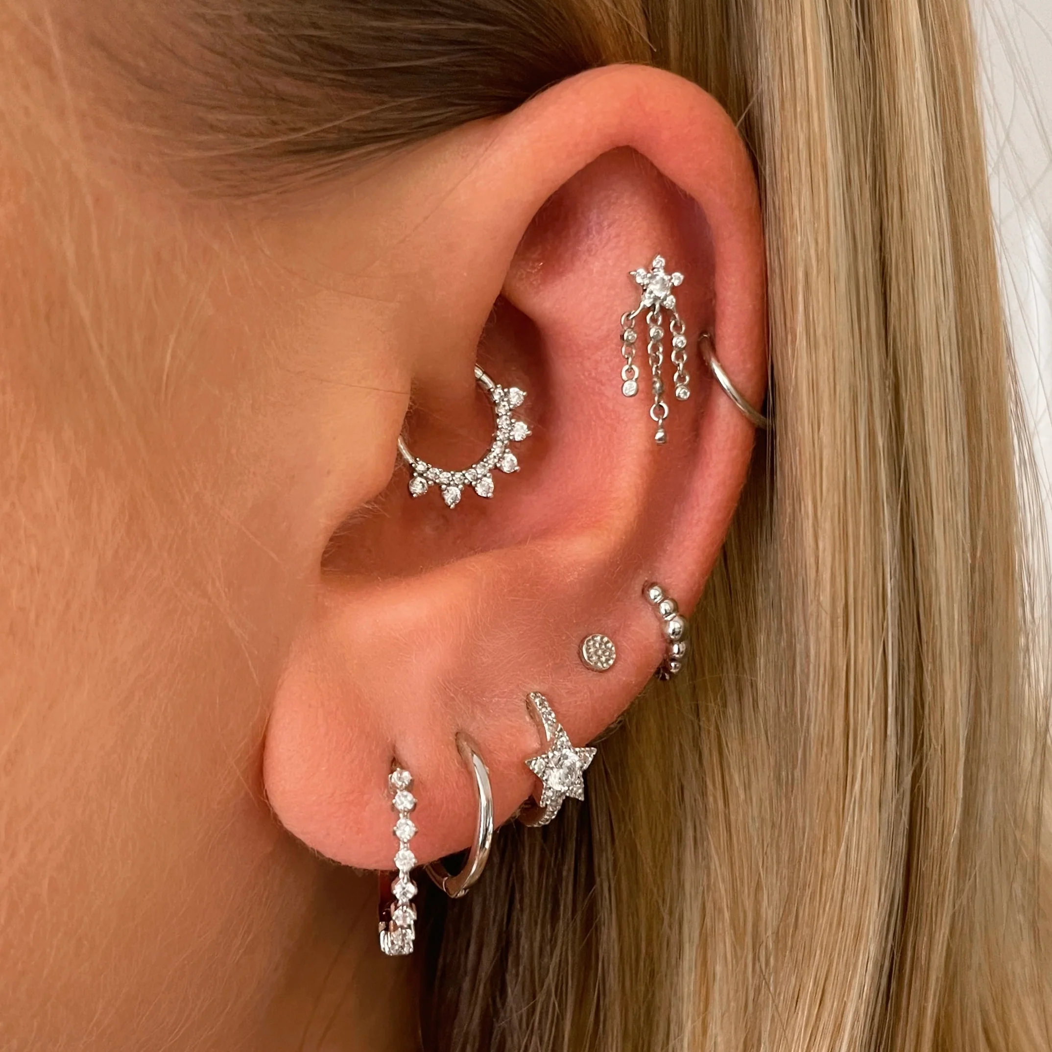 14k solid white gold shooting star flat back labret stud earring 8mm - Image 4