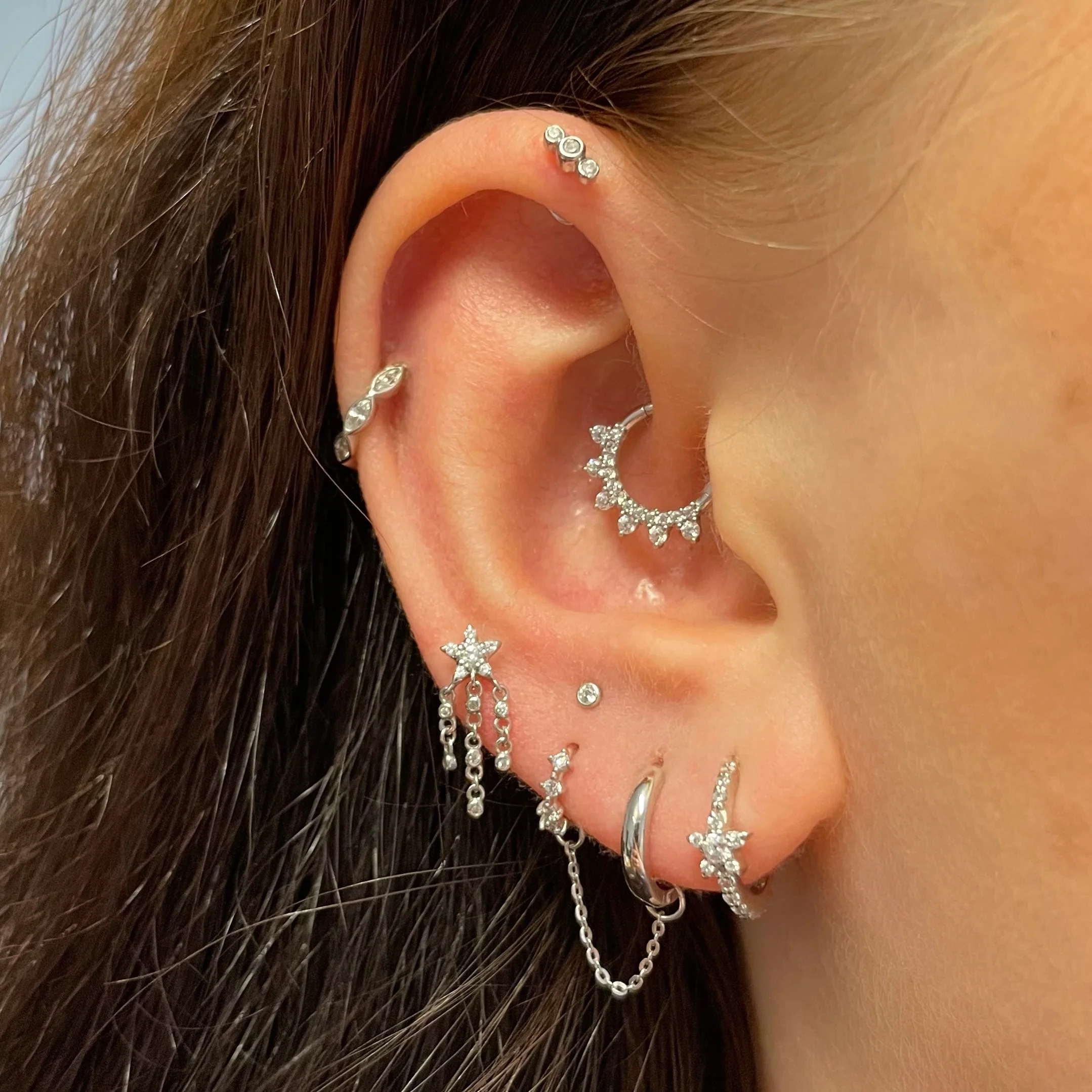 14k solid white gold shooting star flat back labret stud earring 8mm - Image 6