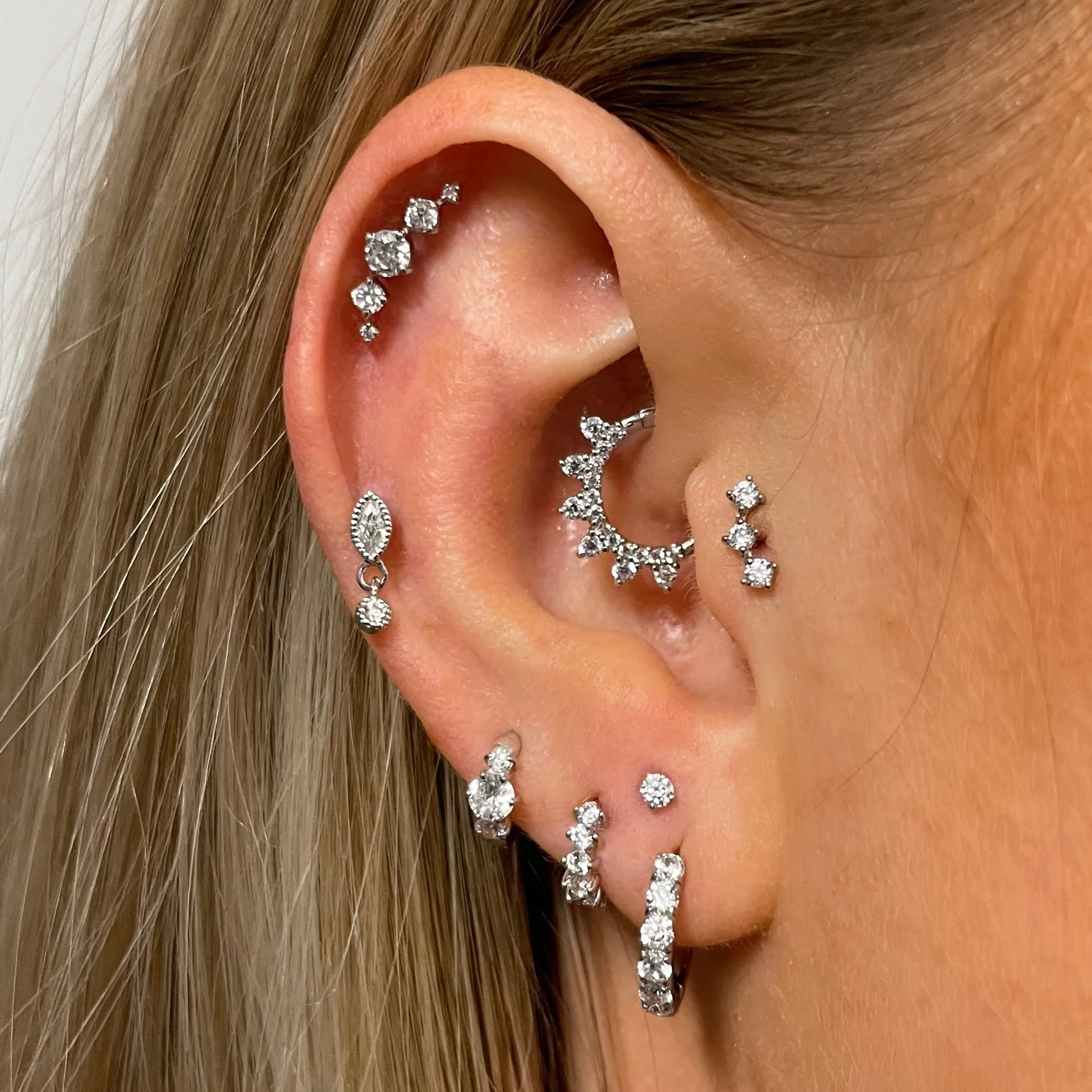 14k solid white gold 2mm tiny crystal gem flat back labret stud earring 8mm - Image 8