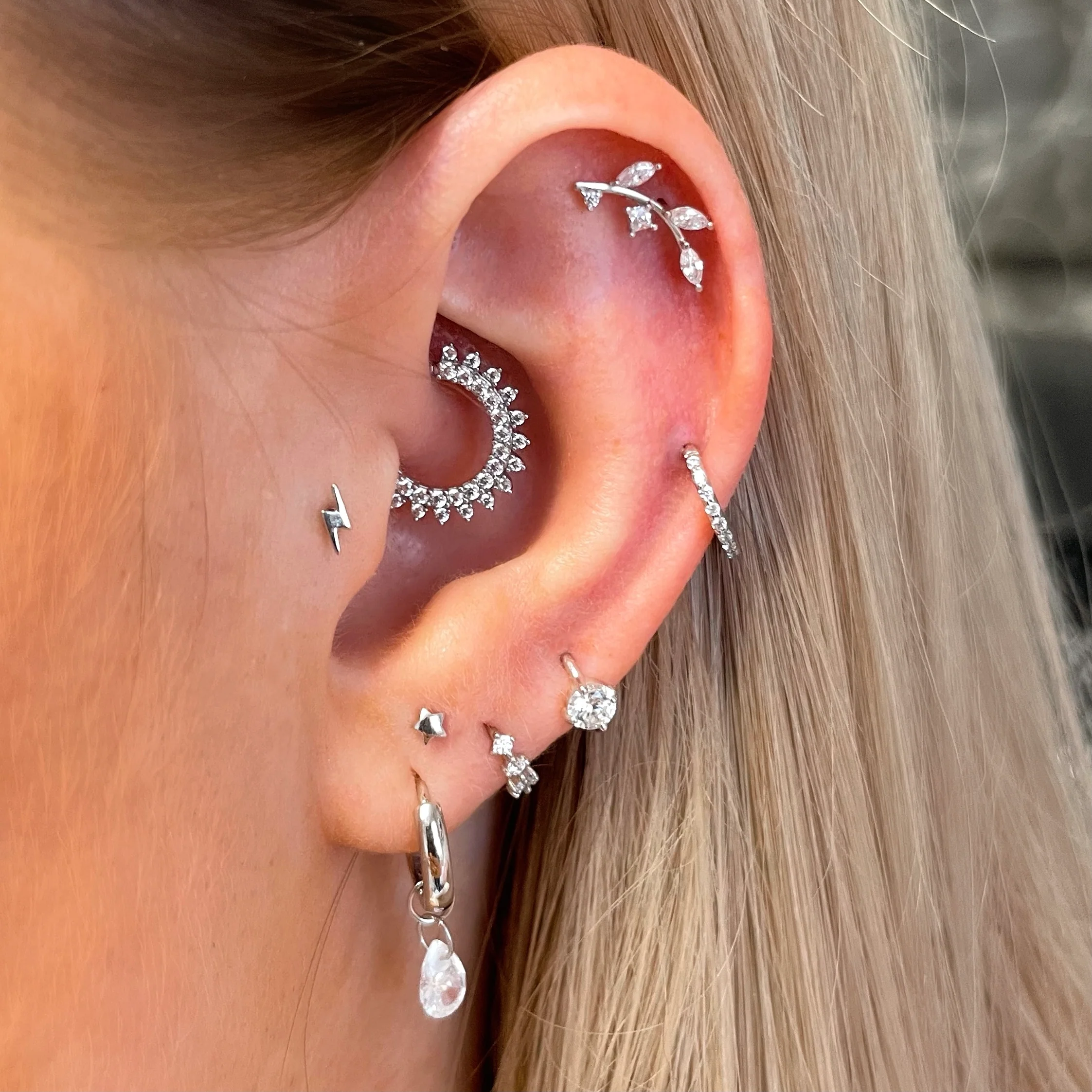 14k solid white gold tiny lightning bolt flat back labret stud earring 8mm - Image 7