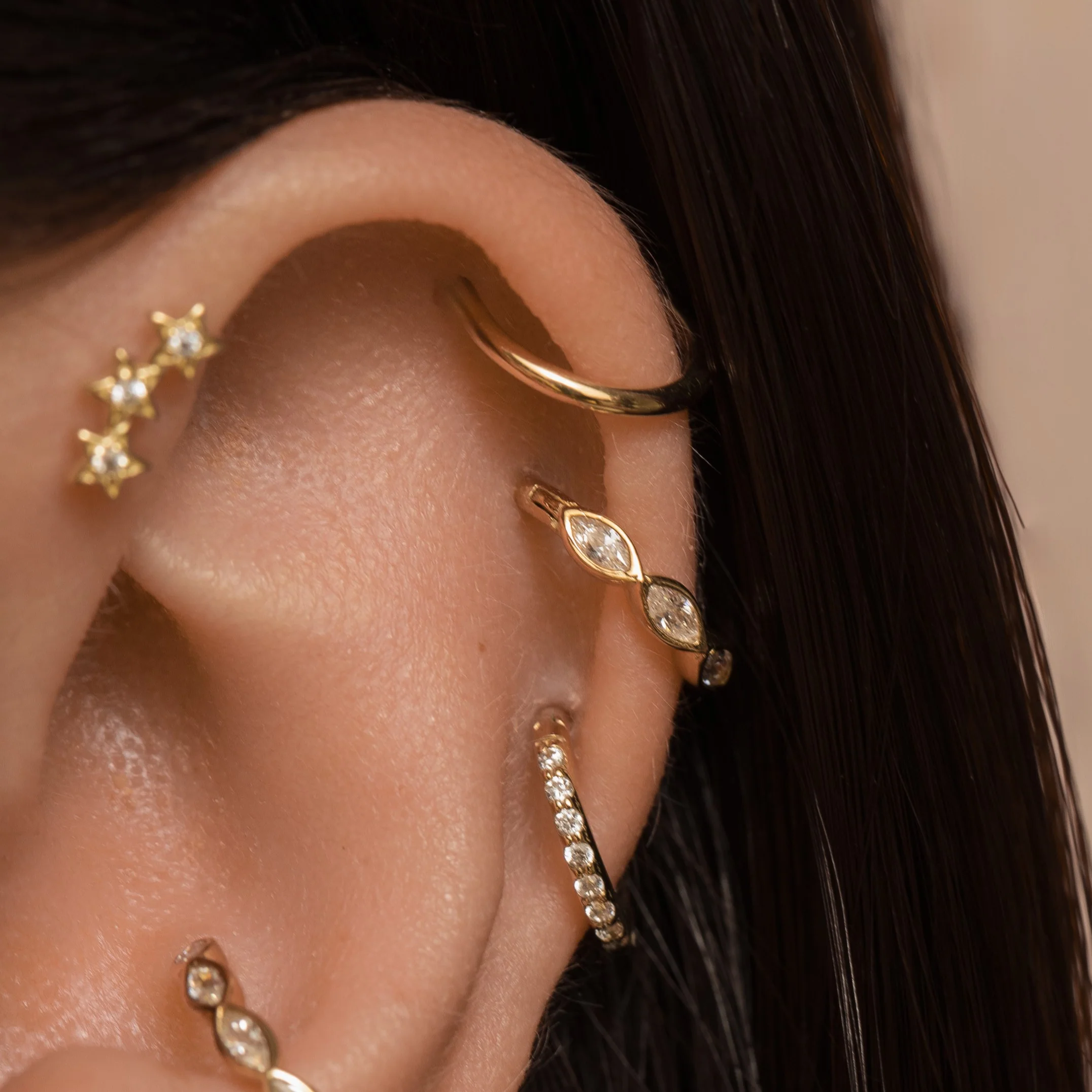 9k solid yellow gold 16g marquise crystal clicker hoop earring - Image 5