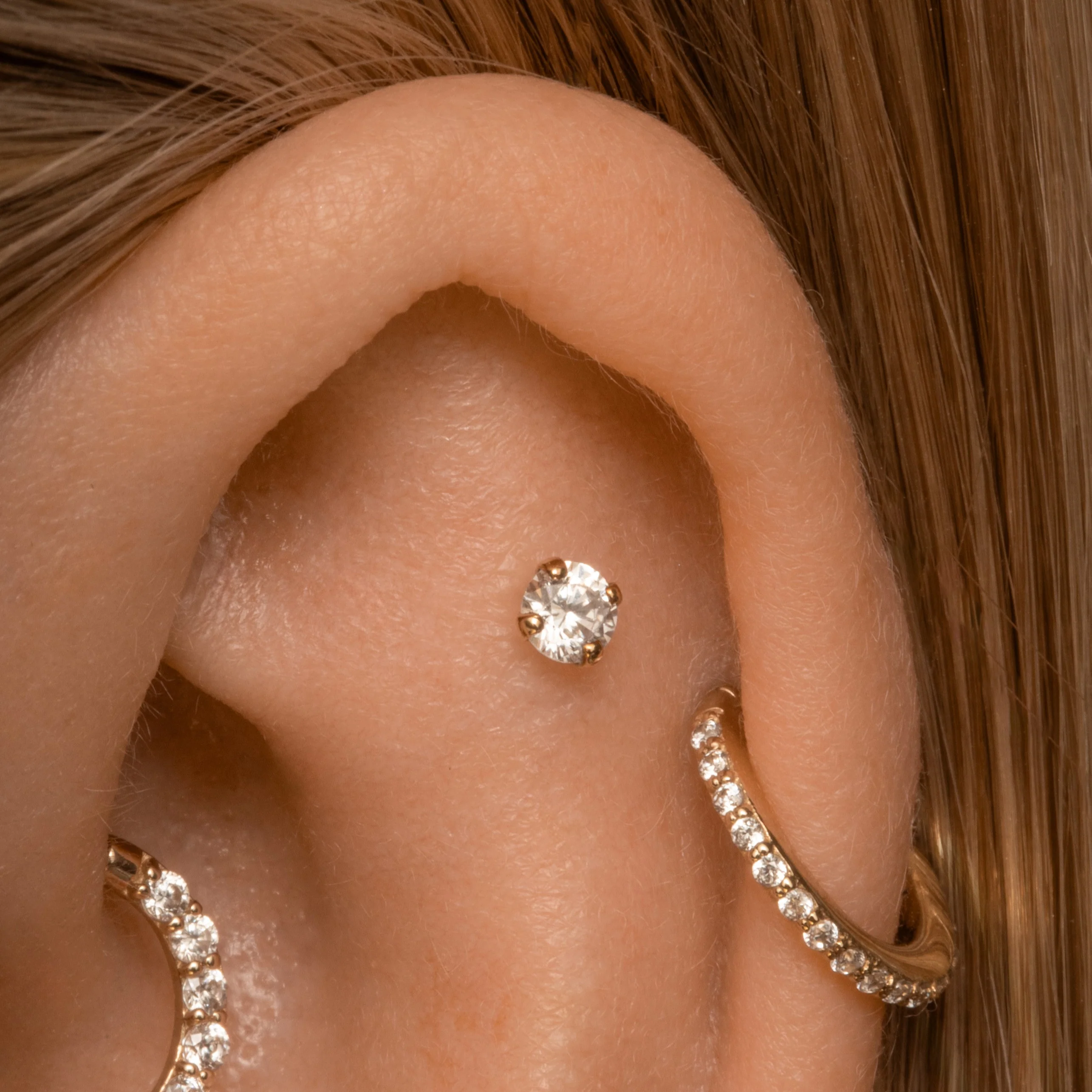 9k solid yellow gold 3mm single crystal gem flat back labret stud earring 6mm - Image 4