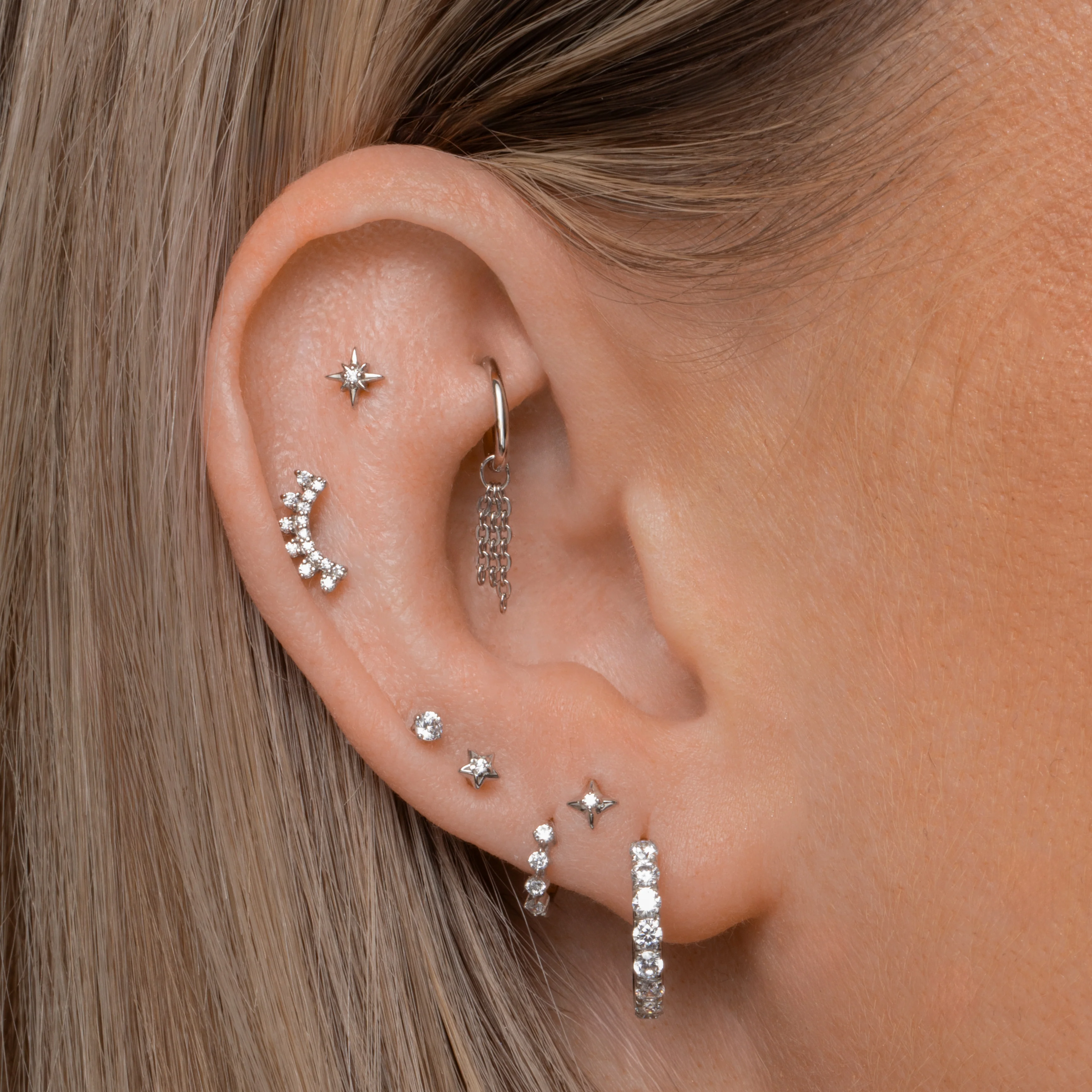 9k solid white gold four-stone crystal teeny tiny huggie earring - Image 4