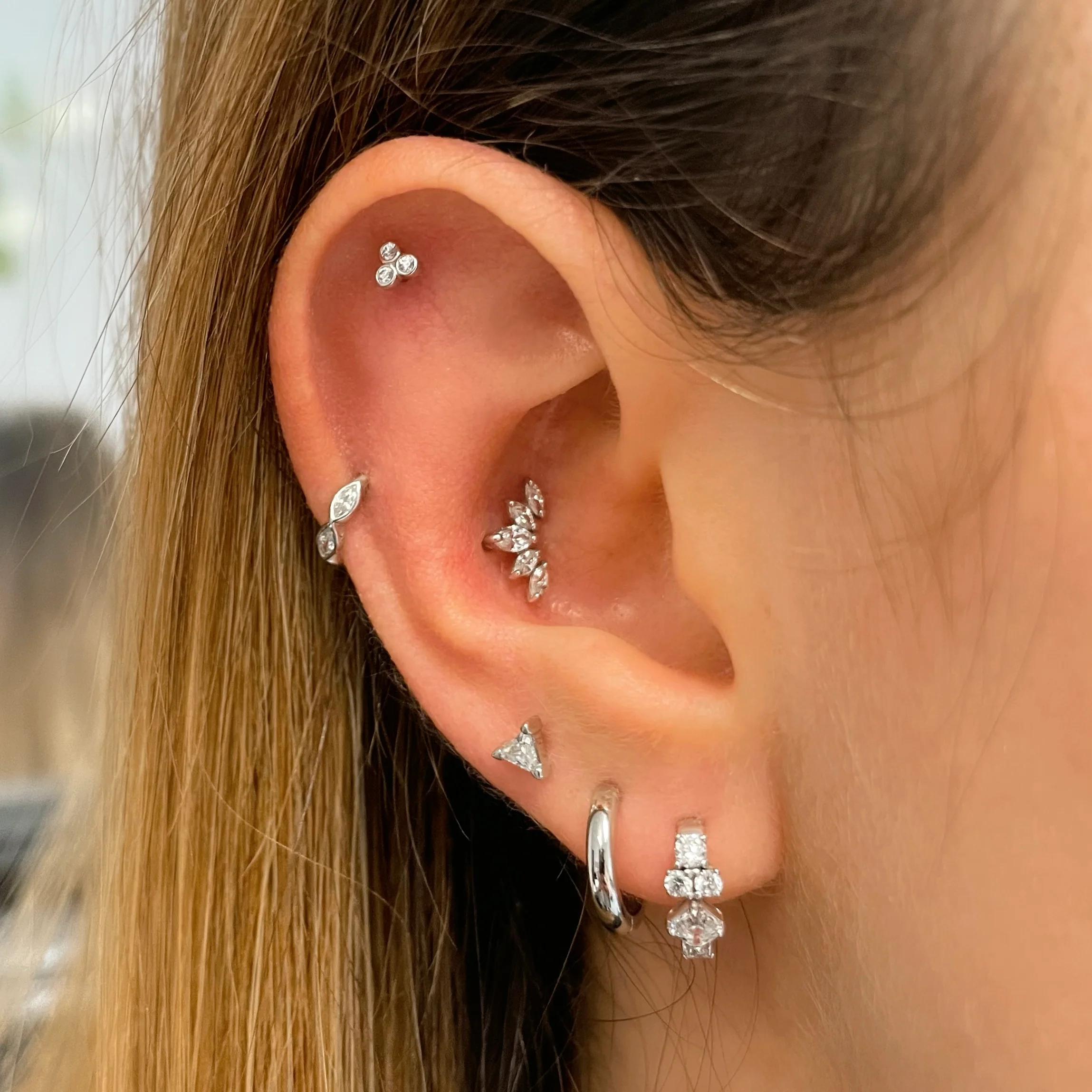 9k solid white gold 6mm 16g marquise crystal mini clicker hoop earring - Image 6