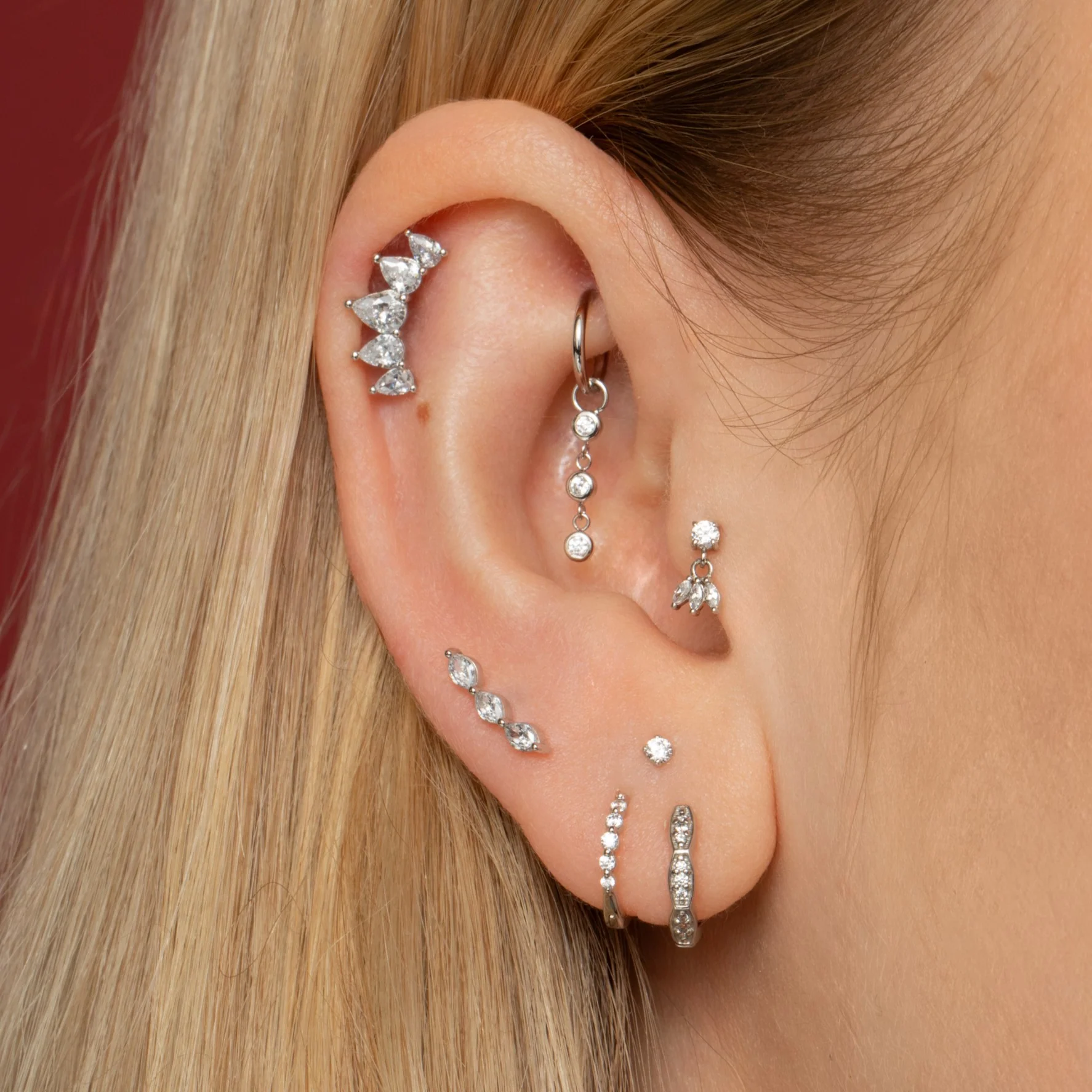 9k solid white gold 2mm tiny crystal gem flat back labret stud earring 6mm - Image 7