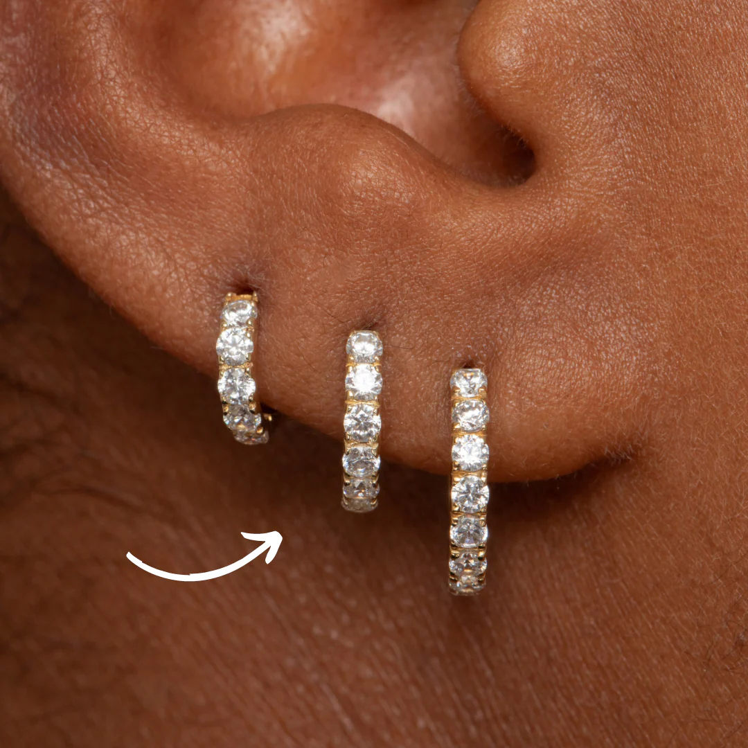 9k solid yellow gold 8mm simple crystal huggie earring - Image 3