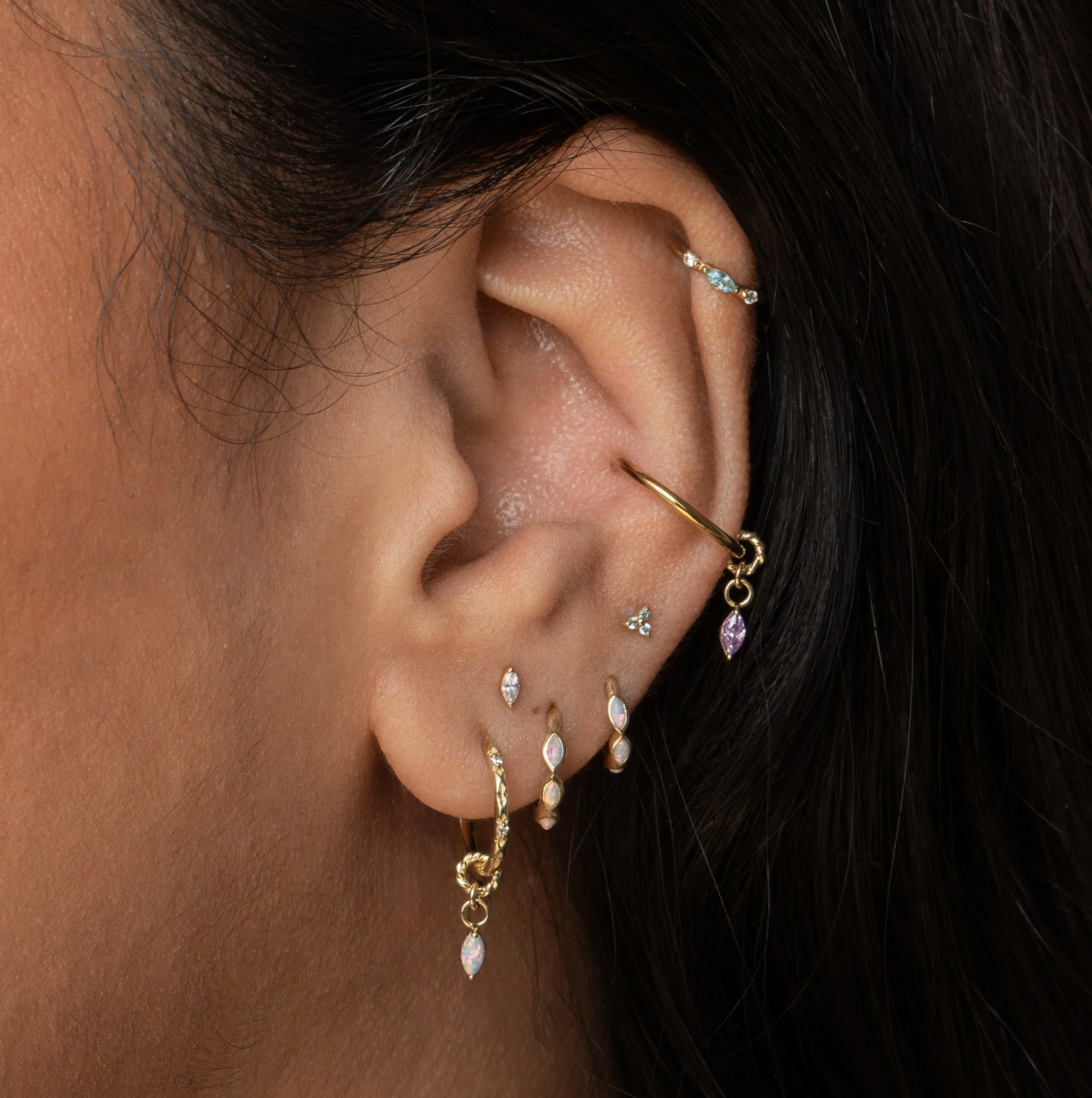 9k solid yellow gold white opal marquise clicker hoop - Image 6