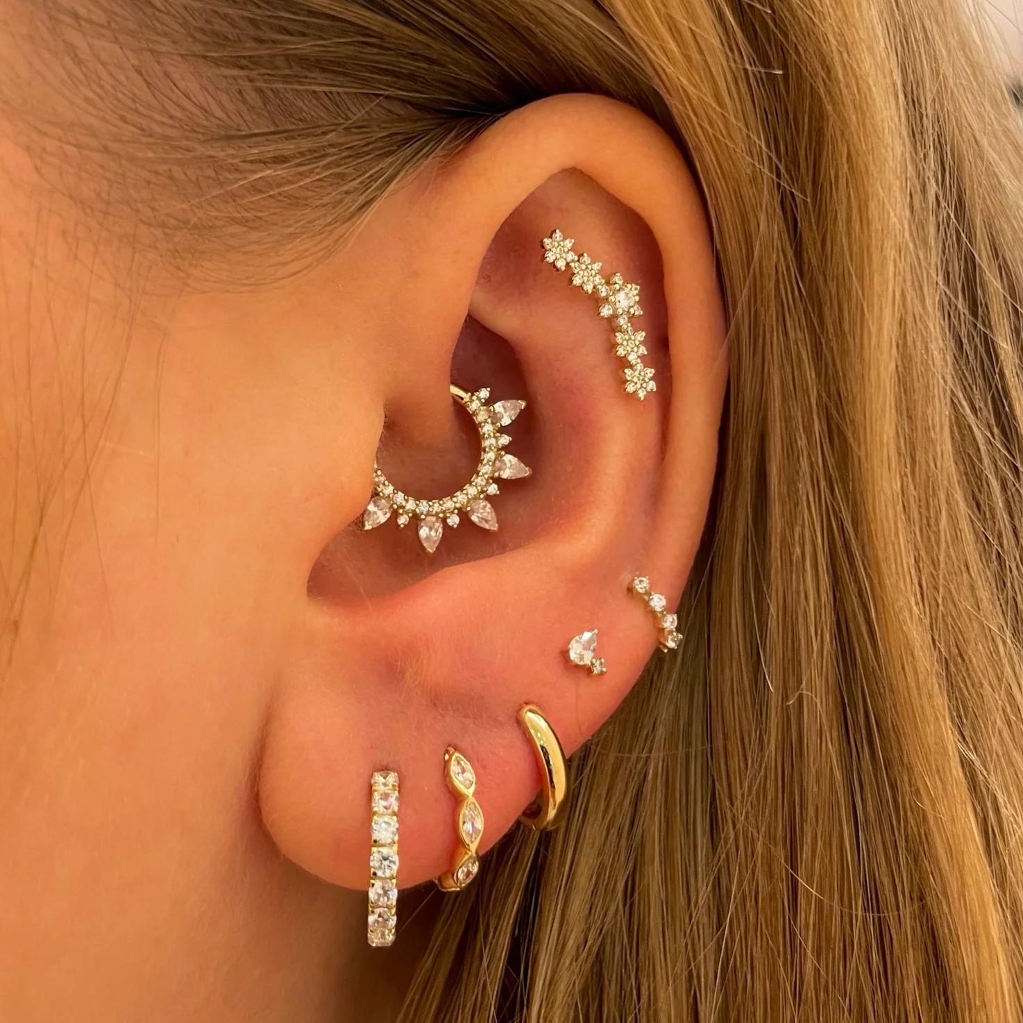 9k solid yellow gold four-stone crystal teeny tiny huggie earring - Image 3