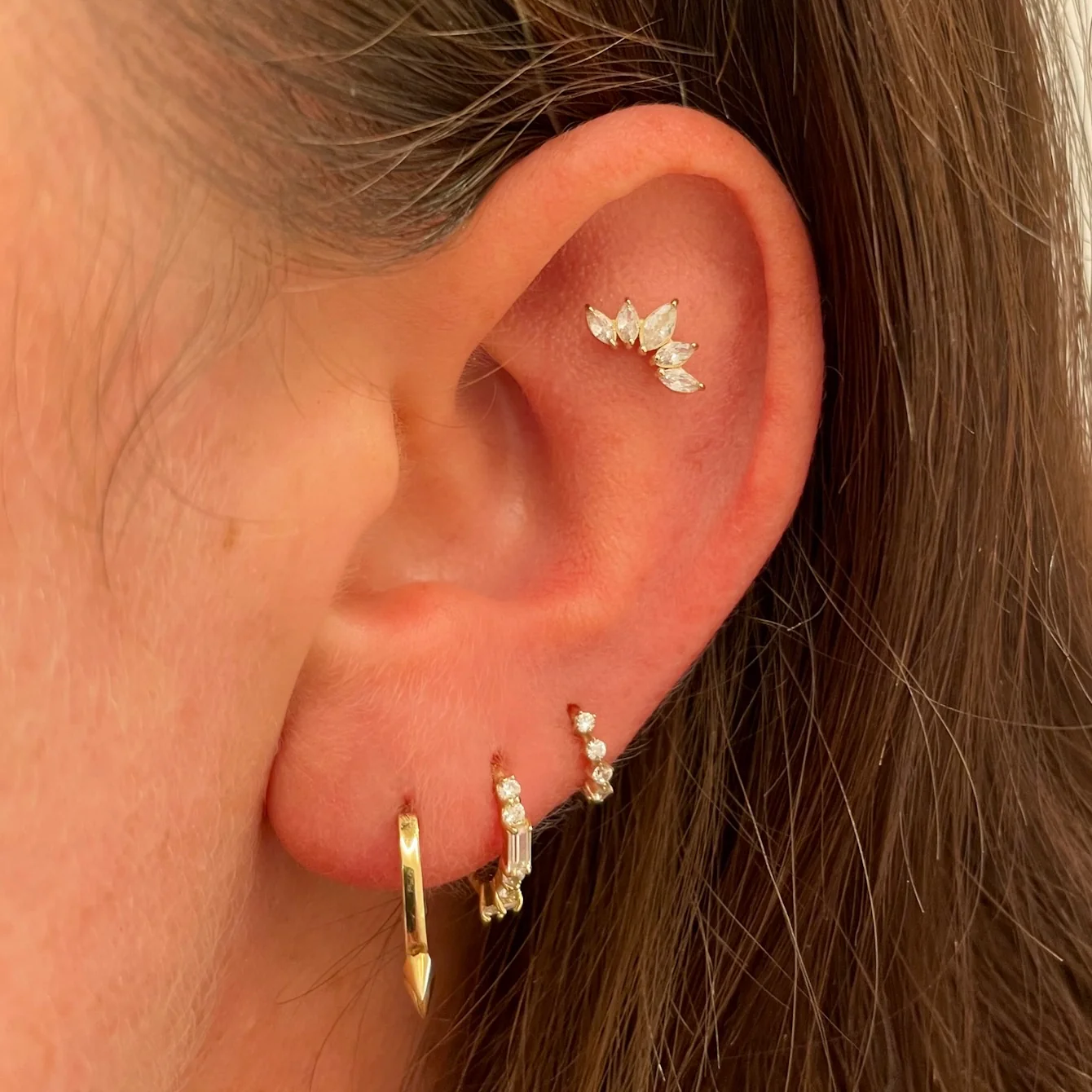 9k solid yellow gold four-stone crystal teeny tiny huggie earring - Image 5