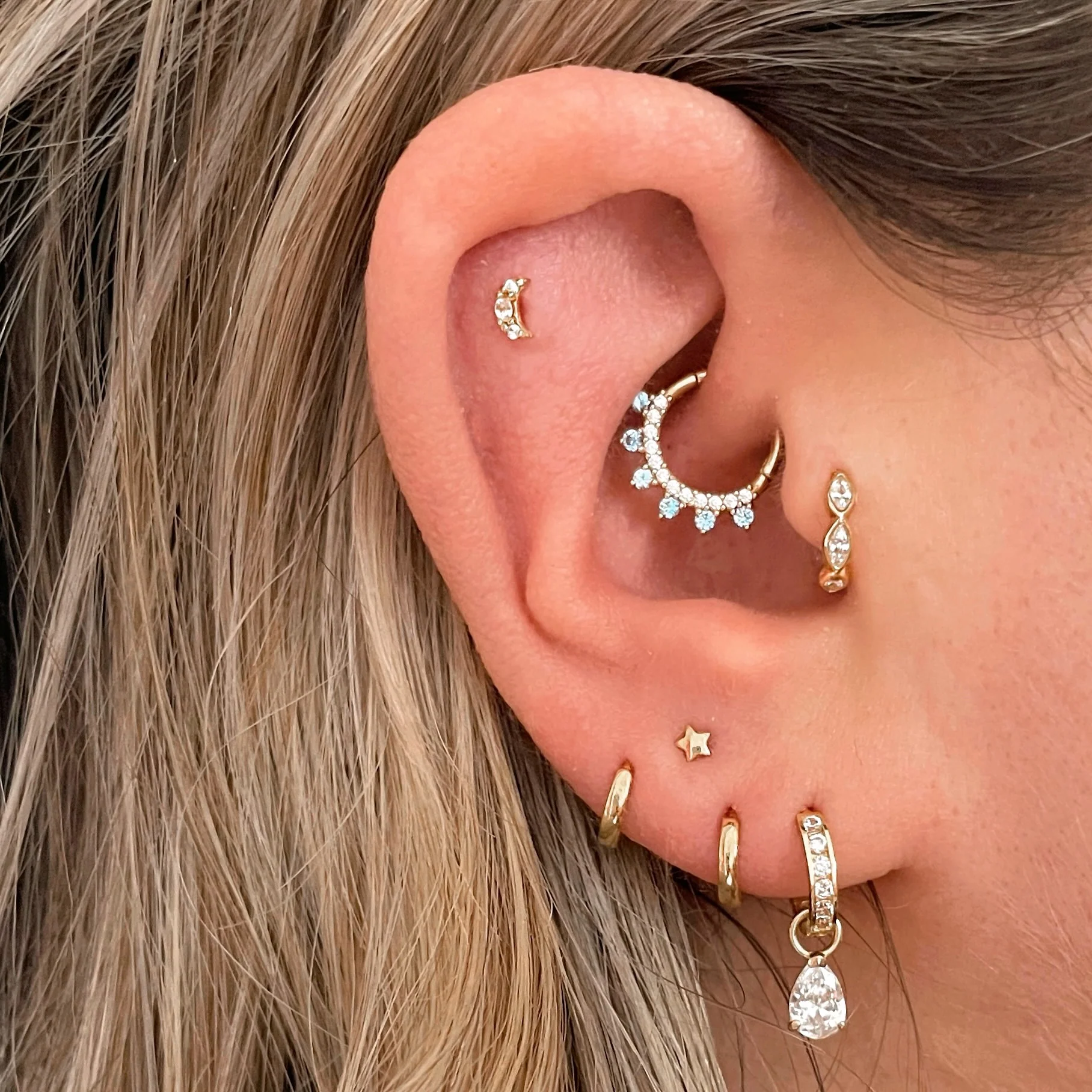 9k solid yellow gold 6mm 16g marquise crystal mini clicker hoop earring - Image 5