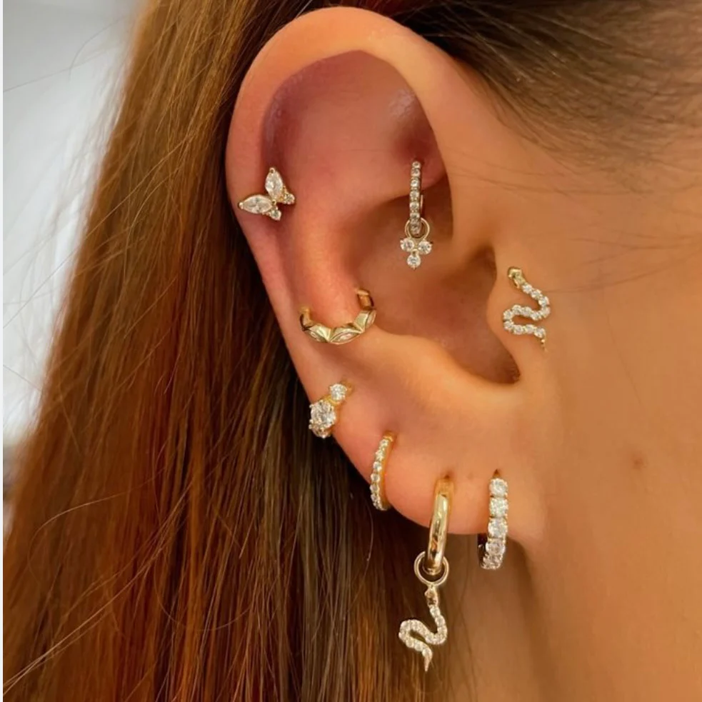 9k solid yellow gold 6mm 16g marquise crystal mini clicker hoop earring - Image 6