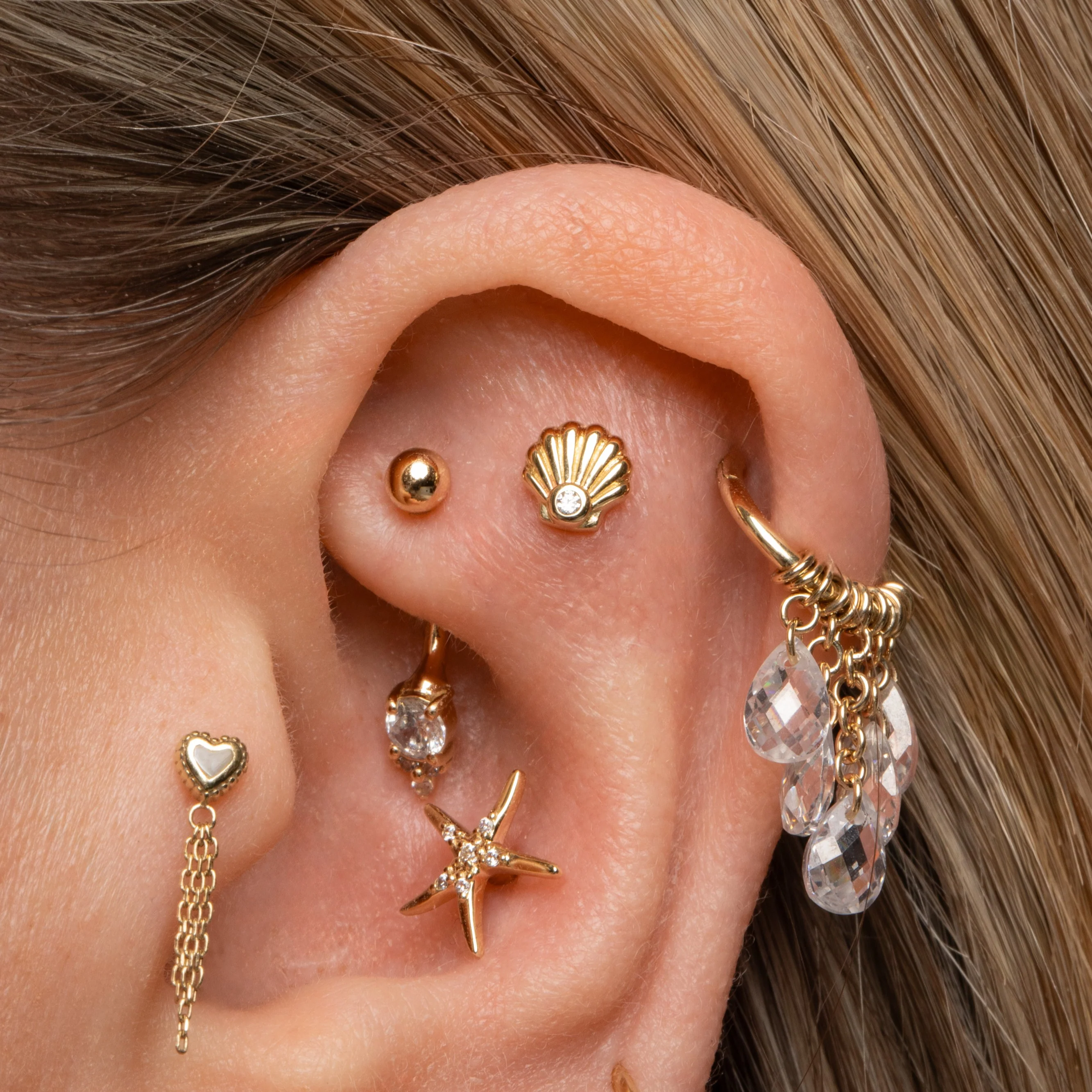 9k solid yellow gold Starfish flat back labret stud earring - Image 9