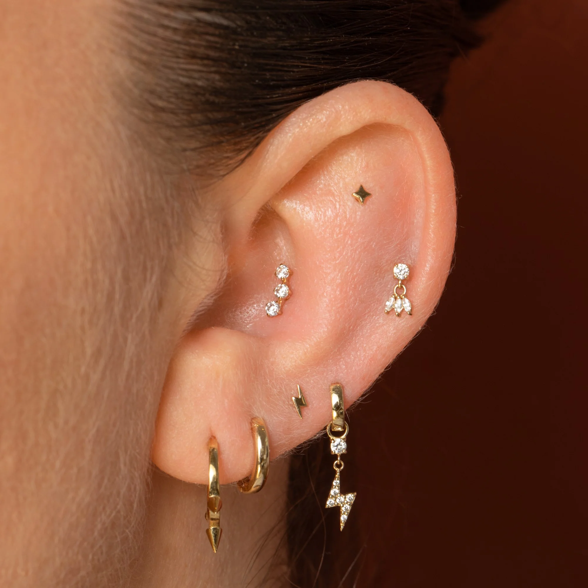 9k solid yellow gold trinity crystal flat back labret stud earring 6mm - Image 8