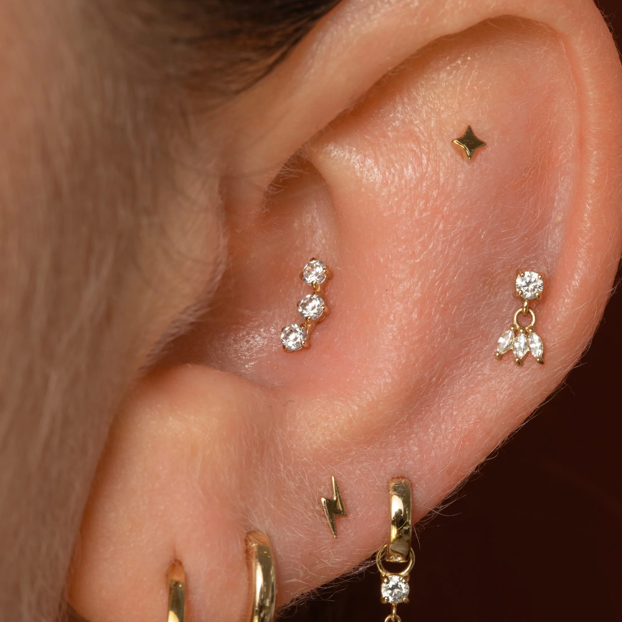 9k solid yellow gold trinity crystal flat back labret stud earring 6mm - Image 9