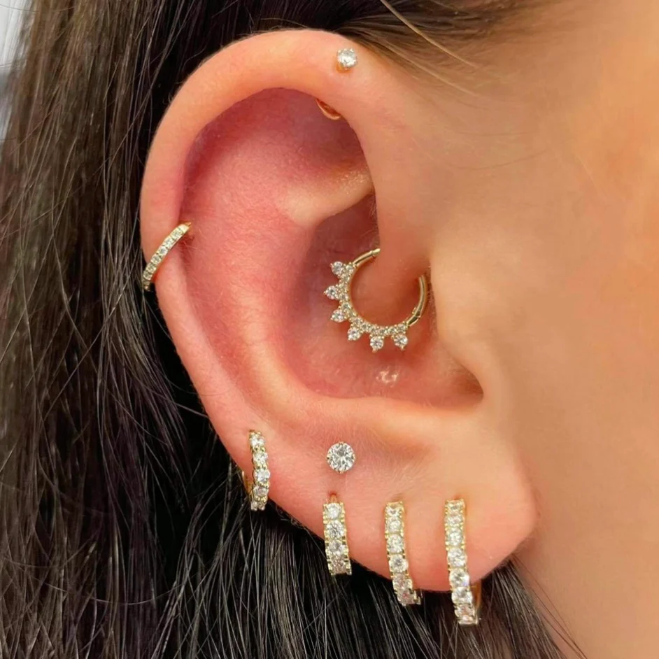 9k solid yellow gold 8mm 16g white crystal pavé hoop for daith or septum - Image 4